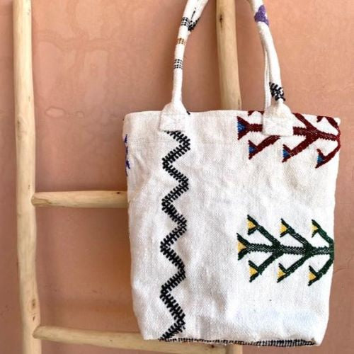Handmade Vintage Berber Rug Tote Bag - White